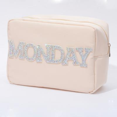 China Fashion Customize Cosmetic Pouch Rhinestone Pearl Heart Patch Letters DIY Makeup Travel Durable Waterproof Nylon Case Nylon Pouch Bag for sale