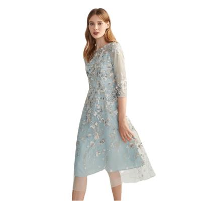 China 2021 Anti-wrinkle autumn RTS women elegant crew neck half sheath blue floral embroidery luxury party wear dresses for sale