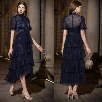 China Anti-Wrinkle In Women Navy Blue Formal Dress Long Sequin Layered Layered Wear Dress for sale