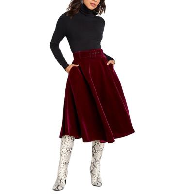 China Vintage Plus Style Women OEM Red Waist Velvet Midi Skirt With Belt for sale