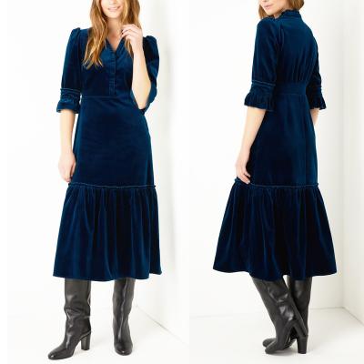 China Wholesale Anti-Static Half Sleeve Women's Blue Velvet Midi Casual Dress for sale