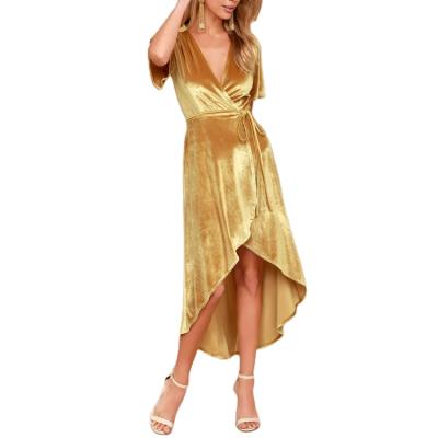 China Anti-Static Popular Casual Women's Velvet Ruffle Wrap Yellow Dress for sale