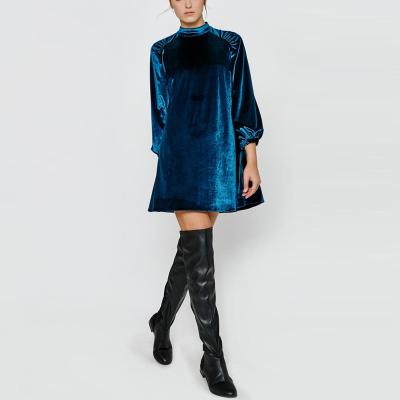 China Anti-Static Women Loose Fit Long Sleeve Vintage Royal Blue Velvet Club Dress for sale