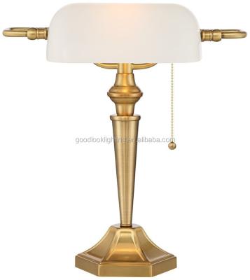 China (C) UL&ETL Modern Natural Brass Accents & Brass Finish Frosted Glass Banker's Shade w/Aged Lamp/Desk Lamp for sale