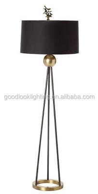 China Metal (C) UL&ETL listed modern hotel tripod floor lamp with finials of open brass base and an antique brass ball and swivel lamp accent for sale