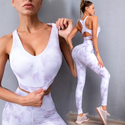 China Tiktok 2021 Breathable Custom Logo Polyester And Spandex Yoga Bra And Pants Sets Tie Dye Designer Two Piece Gym Wear Apparel For Women for sale