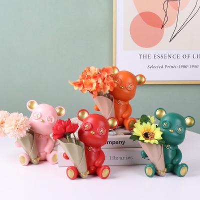 China Resin Modern Wholesale Vase Flower Bear Supplier Amazon Decoration Cute Flower Pots Desktop Vase for sale