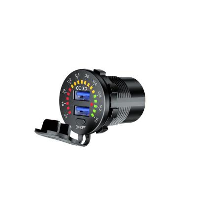 China Colorful Lights Car QC3.0 Dual USB Charger 12-24V Charging Socket On-Off Switch Quick Outlet w/Voltmeter for sale