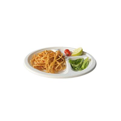 China 100% Biodegradable Disposable Dish Disposable Dishes 9inch 3 Compartment Round Fast Food Dishes for sale