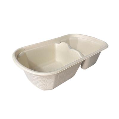 China Biodegradable Compostable Within 90 Day Bagasse Paper Sushi Box Eco Friendly Disposable Salad Box Made By Oval Bagasse Pulp 700ml 2 Compartment BoxTakeaway Box for sale