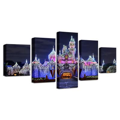 China Popular Modern Living Room 5 Panel Landscape Night City Canvas Print Wall Art Stretched Canvas Art for sale