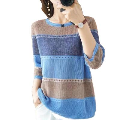 China Anti-wrinkle 2022 thin knit hollow color women's new collar short sleeve t-shirt ice round loose yarn for sale