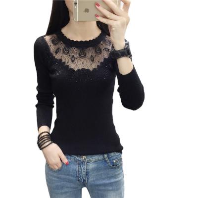 China 2022 Autumn/Winter sexy cutout anti-wrinkle with diamond trim sweater women's pullover with mesh embroidery lace bottom for sale