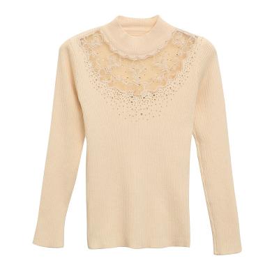 China Anti-wrinkle 2022 knit women long sleeves collar top thin half sleeves sweater hollow-out patchwork gauze bottom lace top set diamond for sale