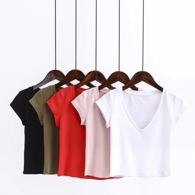 China Anti-wrinkle Direct Manufacturer Custom Logo Loose Casual Emboss Blank Vintage V-neck Ladies T-shirts for sale