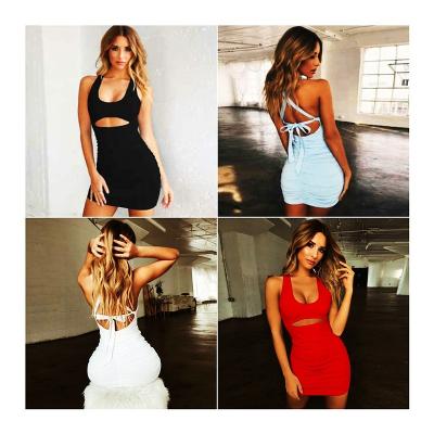 China Jiaer-Women Anti-Wrinkle Sexy Solid Bodycon Hollow Lace Up Backless Sleeveless Club Ruched Mini Dress for sale