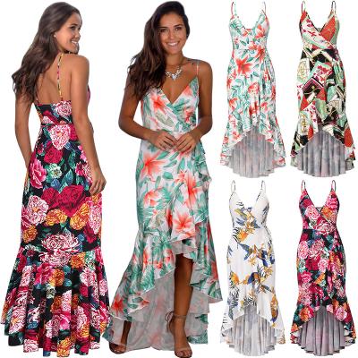 China Jiaer Asymmetrical Edge Sleeveless Maxi Slit Long Floral Ruffled Dress-Summer Women's Deep V-Neck Bohemian Anti-Static Wrap for sale