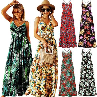 China Jiaer Casual Bohemian V-Neckline Sexy Long Maxi Beach Dress Floral Swing Spaghetti Strap Wrap-New Arrival Anti-Static Women for sale