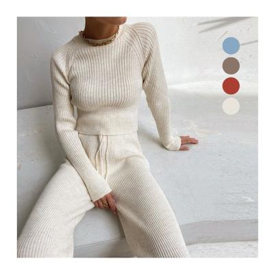 China Casual Pullover Solid Rib Knitted Loose Pants Sweater Anti-pilling Spring Jiaer-2022 Women Clothing Lounge Wear 2 Piece Set for sale