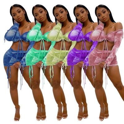 China Jiaer-fall women's clothing long sleeve QUICK DRY crop top drawstring skirt teams summer sexy tie dye skirt two-piece set for sale