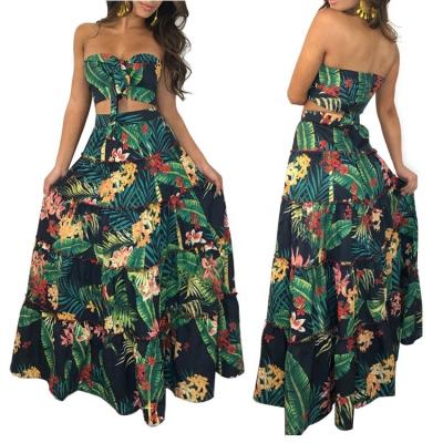 China Jiaer-Wholesale Women Boho Beach Anti-pilling Skirt Set Strapless Top Maxi Skirt Two Piece Set Floral Print Crop for sale