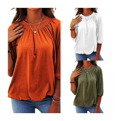 China Jiaer-Women Anti-Shrink Plus Size 3/4 Sleeve Ruffle Rocket Casual Blouse Solid Pleated Loose O Neck Base Tops for sale