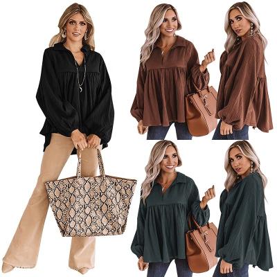 China Jiaer-women anti-shrink loose casual solid color ruffle chiffon blouse balloon sleeve plus size tops and blouses shirt for sale