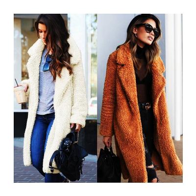 China Jiaer-Women Anti-wrinkle Casual Solid Color Mid Length Notched Lapel Fuzzy Fleece Open Front Winter Outwear Long Coat for sale