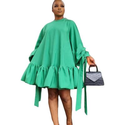 China Jiaer-Women Anti-Wrinkle Elegant Plus Size Puff Sleeve Solid Loose Crewneck Long Ruffled A Line Swing Blouse Mini Dress for sale