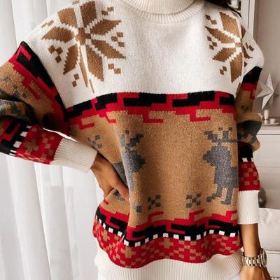 China New Hot Selling Anti-wrinkle Ladies Custom Wholesale Christmas Knitted Sweater Turtle Neck Printed Jacquard Knitted Sweater for sale