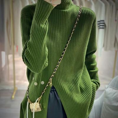 China Anti-wrinkle OEM custom women knit turtle neck sweater long sleeve casual open fork knit top sweater for women for sale