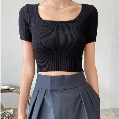 China New Fashionable QUICK DRY Place Collar Crop Belly Short T-shirt Summer Show Thin Short Sleeves Knit Blouse Women for sale