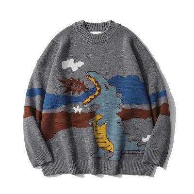 China Wholesale Anti-wrinkle Cartoon Dinosaur Unisex Jacquard Knit Crewneck Sweater Loose Pullover Knit Sweater Trend for sale