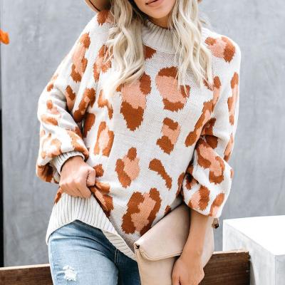 China Anti-wrinkle Autumn Winter New Style Collision color sweater female leopard grain set main round collar loose sweater for sale