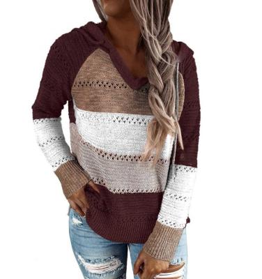 China New Style Autumn/Winter Anti-wrinkle Women's Knitted Hoodie Pullover Loose Stripe Long Sleeve Women's Knitted Sweater for sale