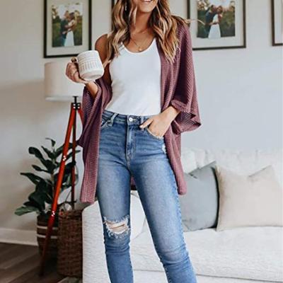 China Wholesale Custom Anti-wrinkle New Summer and Autumn Ladies Temperament Bat Sleeve Gerson Type Solid Color Casual Waffle Women's Cardigan for sale