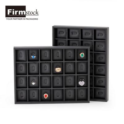 China Luxury MDF+ Leather PU Ring 24 Compartments Showcase Black PU Wood Logo Jewelry Showcase Tray Custom Leather for sale