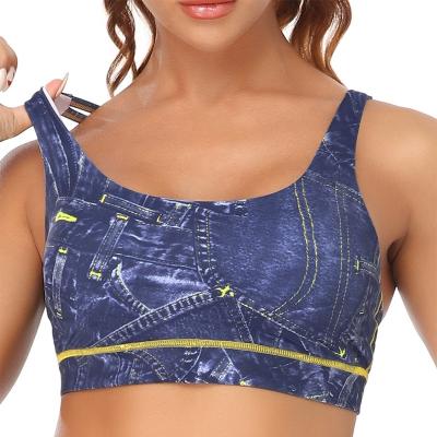 China Wholesale Custom Women's Print Denim Workout Active Sports Bra Breathable Stretchy Strappy Yoga Bra for sale