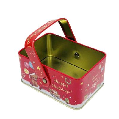 China Custom Printing Small Christmas Metal Tin Box Food Gift Tin Box Square Tin Box With Handle for sale