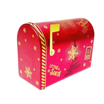 China Custom Food Factory Metal Mailbox Christmas Packaging Cookies Tin Food Grade Tin Cans With Hinged Lid for sale