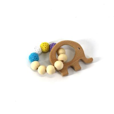 China Hot Selling Organic Wooden Teether Safety and Chewable Teether Bead Hook Animal Wooden Ring Teether Teether for sale