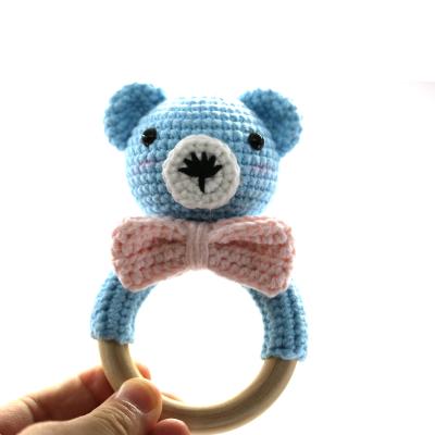 China Safety and Chewable Teether Directly Manufacture Handmade Bear Wooden Teether Toy Crochet Rattle for sale