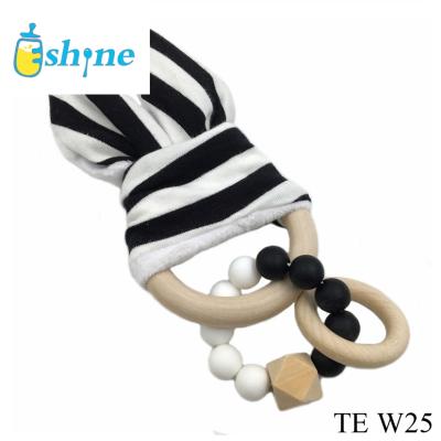 China Safety and Chewable Toy Baby Teething Organic Bunny High Quality Ear Infant Teether Wooden Rattle Teether for sale