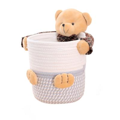 China Cartoon Stackable Bear Woven Storage Baskets Organizer Natural Cotton Rope Folding Desktop Baskets for sale