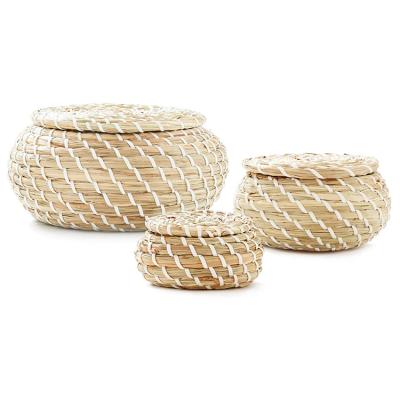 China YRMT Sustainable Eco-Friendly Handmade Woven Grass Round Small Storage Basket With Lid Set Of 3 for sale