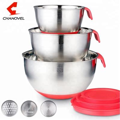 China Stocked Chinese Supplier Mirror Finished Stainless Steel Mixing Bowl Set With Lid And Grater for sale