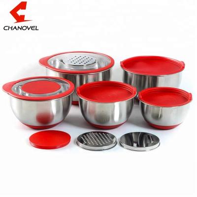 China Stocked stainless steel mixing bowls with transparent lid and grater for sale