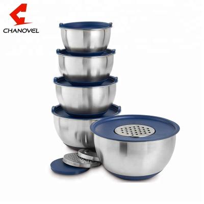 China Blue stocked stainless steel mixing bowl set with lid and grater for sale