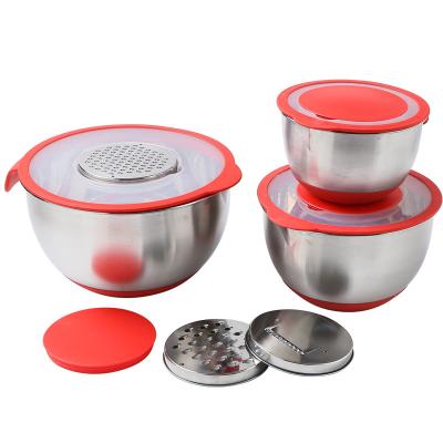 China Stocked stainless steel metal fruit salad mixing bowls with airtight lids set with 3 grater attachments for sale