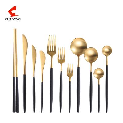 China Stocked 18/10 Black Gold Stainless Steel Flatware Set Utensils Dinnerware Set Knife Fork and Spoon for sale